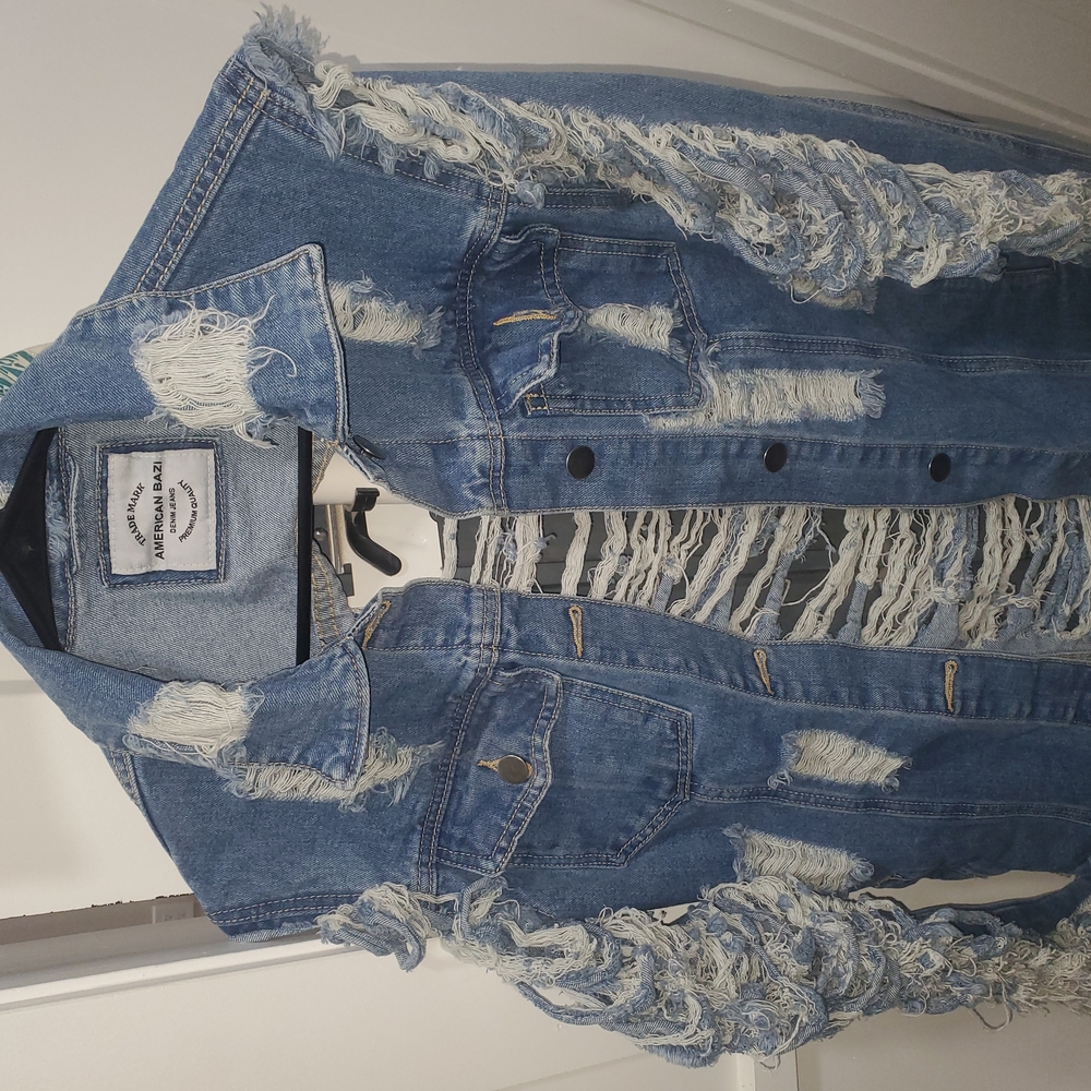 Distressed Denim Jacket with Fringe